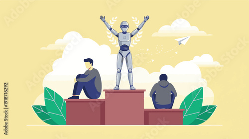 Robot Wins on Podium, Humans Sit Dejected: AI Superiority Concept