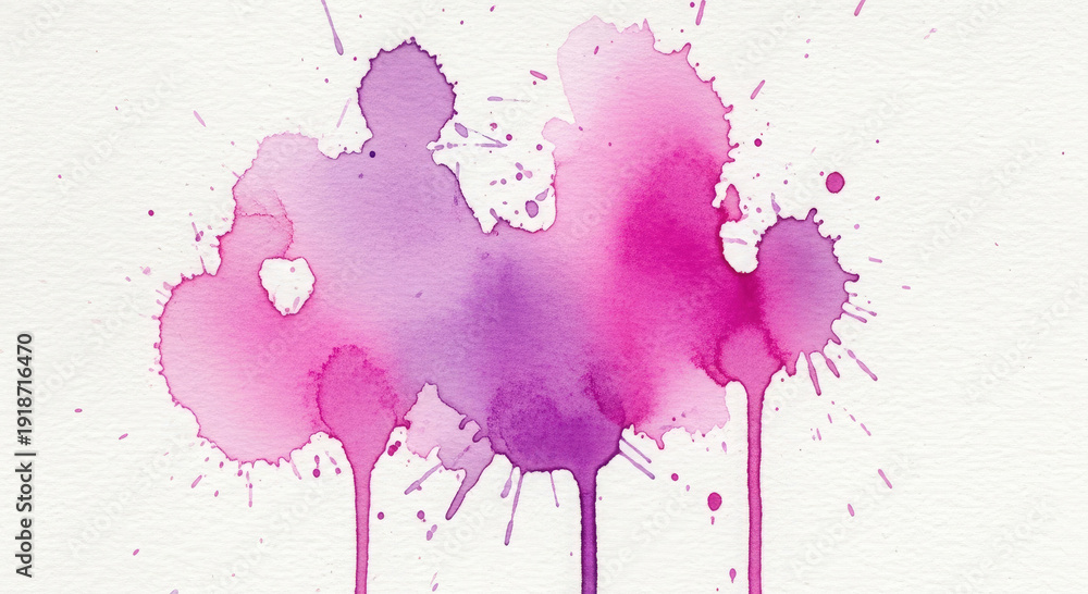 Fototapeta premium Vibrant Watercolor Splashes and Drips in Pink and Purple Hues Creating an Abstract Artistic Background