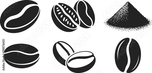 Coffee beans icons vector set, roasted arabica robusta espresso seeds powder black silhouette illustration isolated on white background