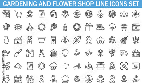 Gardening and Flower Shop Line Icons Set, Plant Care, Nature Elements, Botanical Vector Collection for Web and Print Design Branding