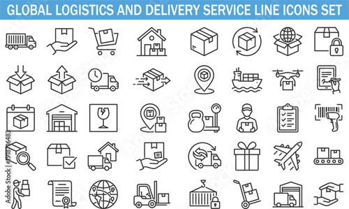 Global logistics and delivery service line icons set, shipping warehouse transport tracking ecommerce vector illustration collection isolated background