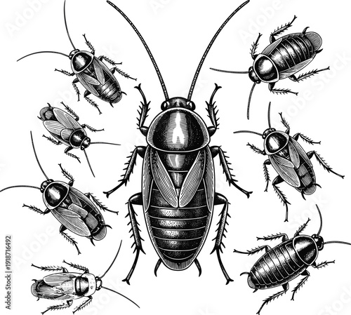 Cockroach engraving illustration set, detailed vintage insect drawing black and white pest entomology vector isolated background