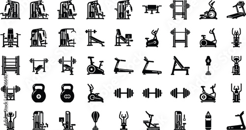 Gym equipment silhouette icon set illustration, fitness machines and workout tools, exercise training artwork, health and sport theme, flat vector illustration