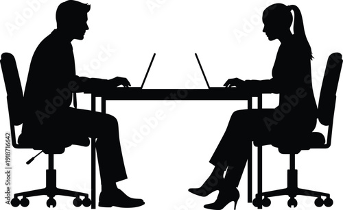 Office teamwork silhouette illustration, two professionals working on laptops across desk, collaborative workplace design artwork, flat vector illustration