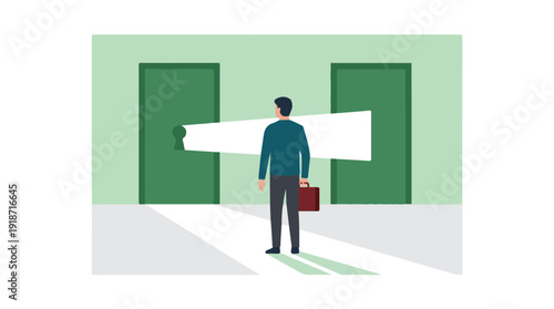Businessman facing a strategic choice, light from keyhole illuminates path