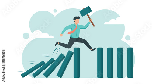Businessman stopping domino effect with hammer, overcoming challenges