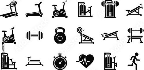 Gym and fitness equipment silhouette icon set illustration, workout machines, weights, cardio symbols, exercise training artwork, flat vector illustration