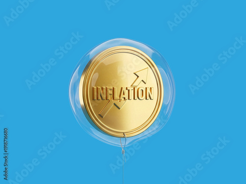 Economic inflation concept featuring a gold coin with a rising arrow trapped inside a fragile bubble against a blue background