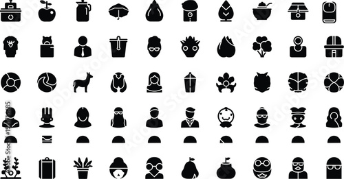 Silhouette icon grid illustration, diverse set of everyday objects, animals, people, food, and abstract symbols, flat vector artwork
