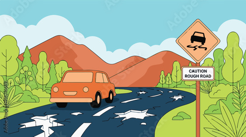 Car driving on a rough, cracked road with a caution sign in natural landscape
