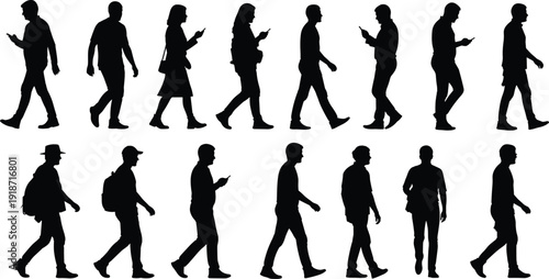 Walking people silhouette illustration set, diverse individuals in motion with bags, phones, and accessories, urban lifestyle artwork, flat vector illustration