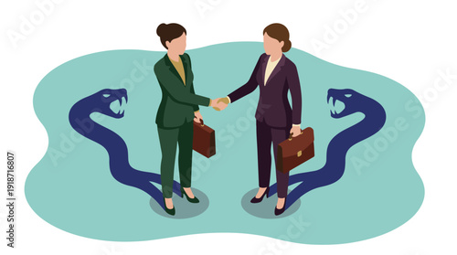 Two businesswomen shaking hands, revealing hidden snakes of deception