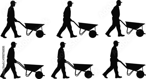 Worker silhouette illustration set, person pushing wheelbarrow in construction and gardening poses, manual labor artwork, flat vector illustration