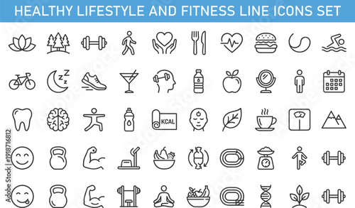 Healthy lifestyle and fitness line icons set, nutrition workout wellness outline vector illustration collection for diet health care