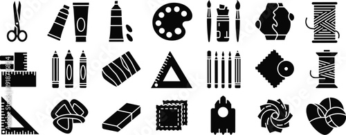 Art and craft supplies silhouette icon set illustration, creative tools for design and handmade projects, flat vector artwork
