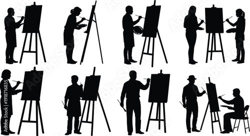 Artist silhouette illustration set, painters working on easels with brushes and palettes, creative art process artwork, flat vector illustration