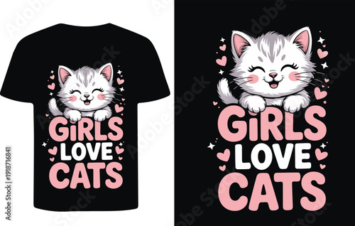 A black t shirt displaying a cute kitten and text for girls
