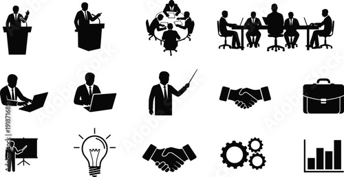 Business and office silhouette icon set illustration, teamwork, presentation, meeting, handshake, innovation, analytics, corporate workplace theme, flat vector illustration