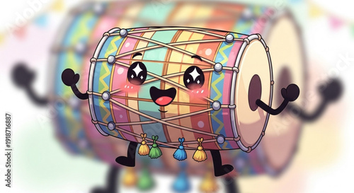 Colorful Cartoon Drum Character with Happy Face and Jingle Bells