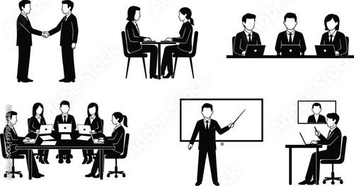 Business interaction silhouette illustration set, teamwork, meeting, handshake, presentation, collaboration, video call, corporate workplace theme, flat vector illustration