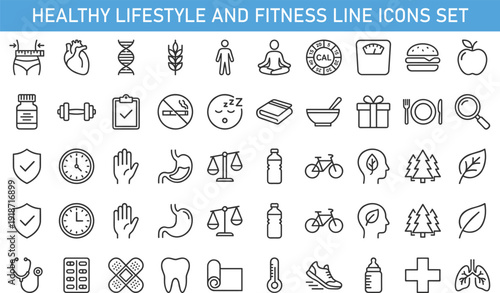 Healthy lifestyle and fitness line icons set, wellness nutrition medical outline vector illustration collection