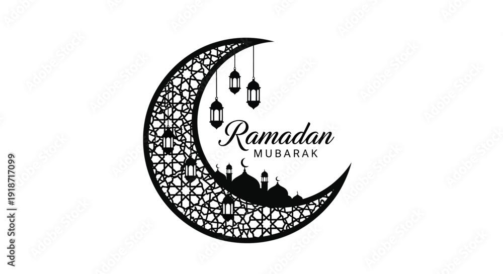 Obraz premium Vector illustration of a Ramadan Mubarak greeting with a mosque silhouette, crescent moon, and lanterns on a white background, symbolizing Islamic culture and holiday.