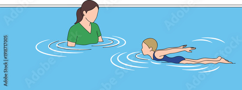 Female instructor teaching young girl how to swim in a blue pool with ripples, sports coaching and water safety for kids vector.