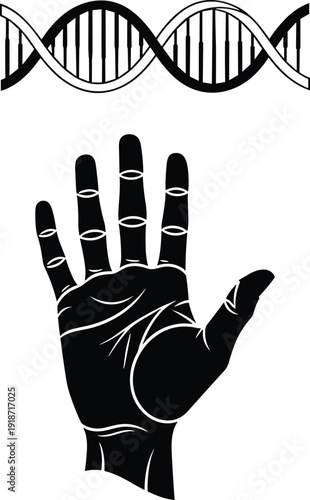 Scientific illustration featuring a black silhouette hand reaching toward a DNA double helix strand representing genetic engineering, biotechnology research, and human genome,