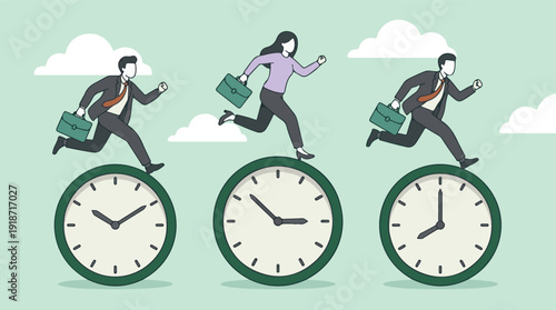 Business people running on clocks, symbolizing time pressure and deadlines