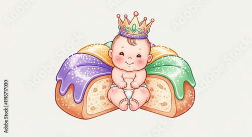 Baby King Sitting on King Cake with Crown, Mardi Gras Celebration, New Orleans Style