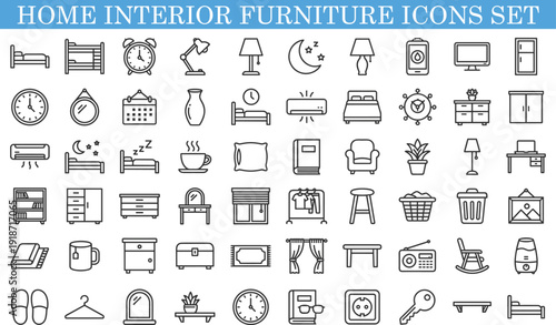 Home interior furniture icons set, bedroom living room household objects collection, minimalist outline symbols, modern home essentials illustration pack
