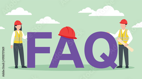 Construction workers presenting FAQ for frequently asked questions and support
