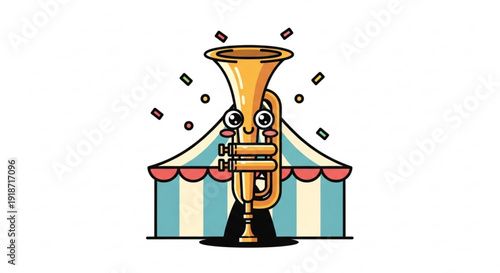 Golden Trumpet Emerging from Circus Tent with Confetti