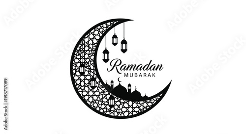 Vector illustration of a Ramadan Mubarak greeting with a mosque silhouette, crescent moon, and lanterns on a white background, symbolizing Islamic culture and holiday.