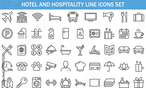Hotel and hospitality line icons set, travel accommodation, restaurant service, transportation, booking, tourism, vector illustration