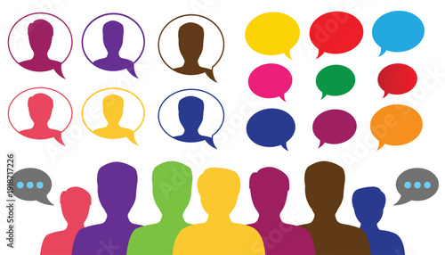 Human silhouettes with speech balloons. Colorful silhouettes of people with speech bubbles rainbow.