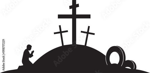 Man praying at calvary with three crosses and empty tomb silhouette vector illustration