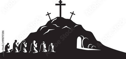 Religious silhouette illustration line art vector scene showing calvary hill crosses and praying people