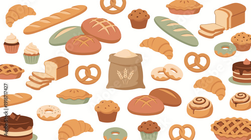 Delicious Assortment of Baked Goods and Bakery Items Seamless Pattern