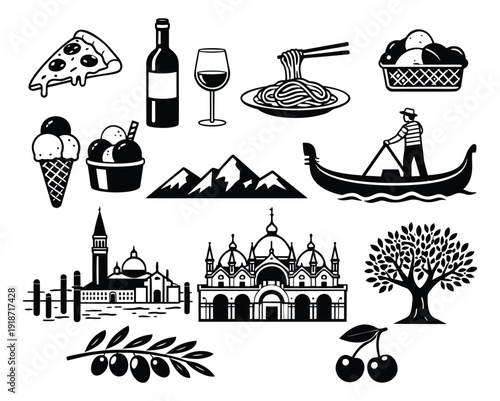 Line art Italian symbols set featuring food, travel, and famous landmarks for tourism and culture