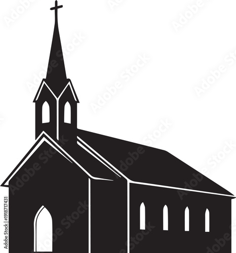 Simple black silhouette illustration of traditional christian church building exterior vector
