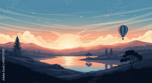 Serene landscape with hot air balloon at sunset over lake and mountains