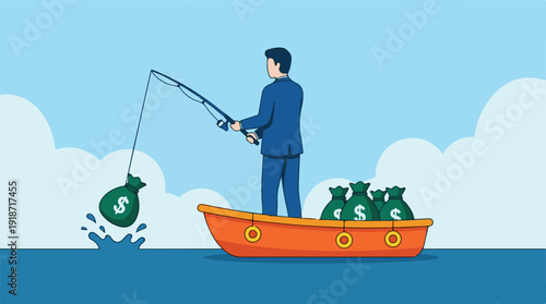 Businessman fishing for money, a metaphor for financial success and investment