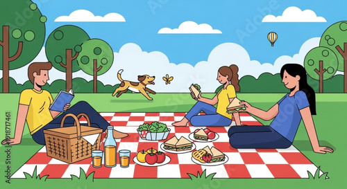 Three friends having a picnic in a park with a dog running nearby on a sunny day with trees and hot air balloons