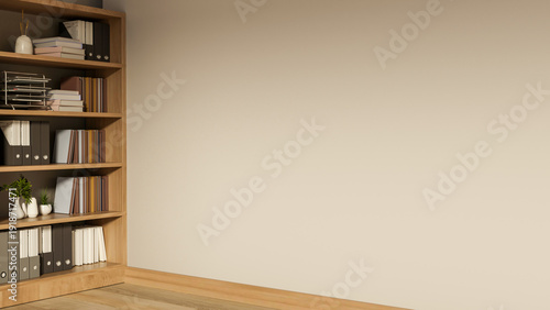 Fotografía Wooden bookshelf with document folder at wall corner in a library or office room