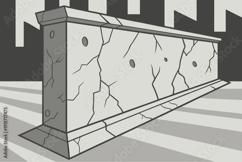 Cracked and weathered concrete barrier with visible bullet impacts