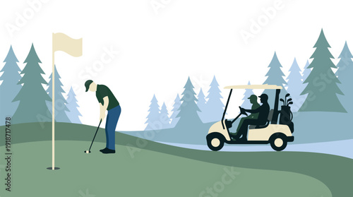 Minimalist golf course scene with player putting and golf cart