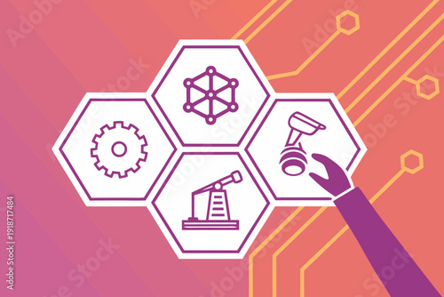 Conceptual Hexagonal Grid Showcasing Industry, Technology, and Interconnected Systems