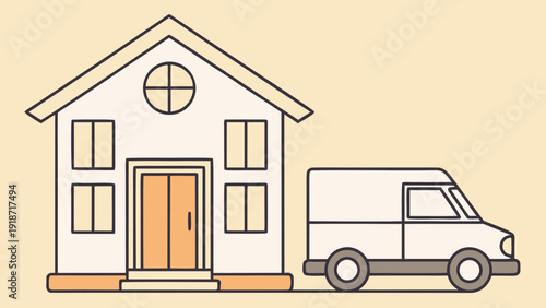 Illustration of a delivery van parked outside a house, ready to deliver a package to the front door.