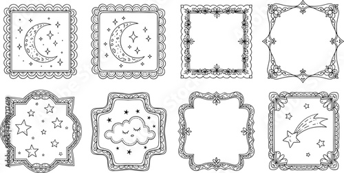 Hand drawn celestial frames and mystical borders set with crescent moon stars cloud and shooting star icons for bullet journal and stationery.